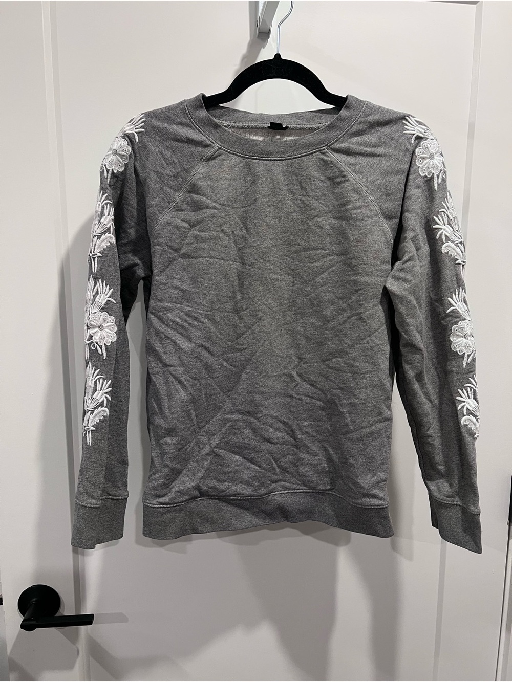 J. Crew Gray Crewneck Sweatshirt with White Floral Sleeve Embroidery